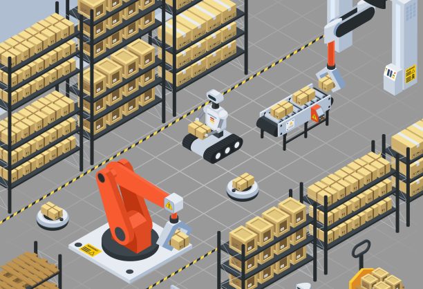 Automatic logistics solutions in warehouse facility isometric background with robotic arm gripping and placing packages vector illustration